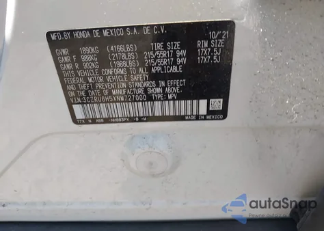 2022 Honda Hr-V Awd Ex из США, поврежденный, VIN 3CZRU6H5XNM727000